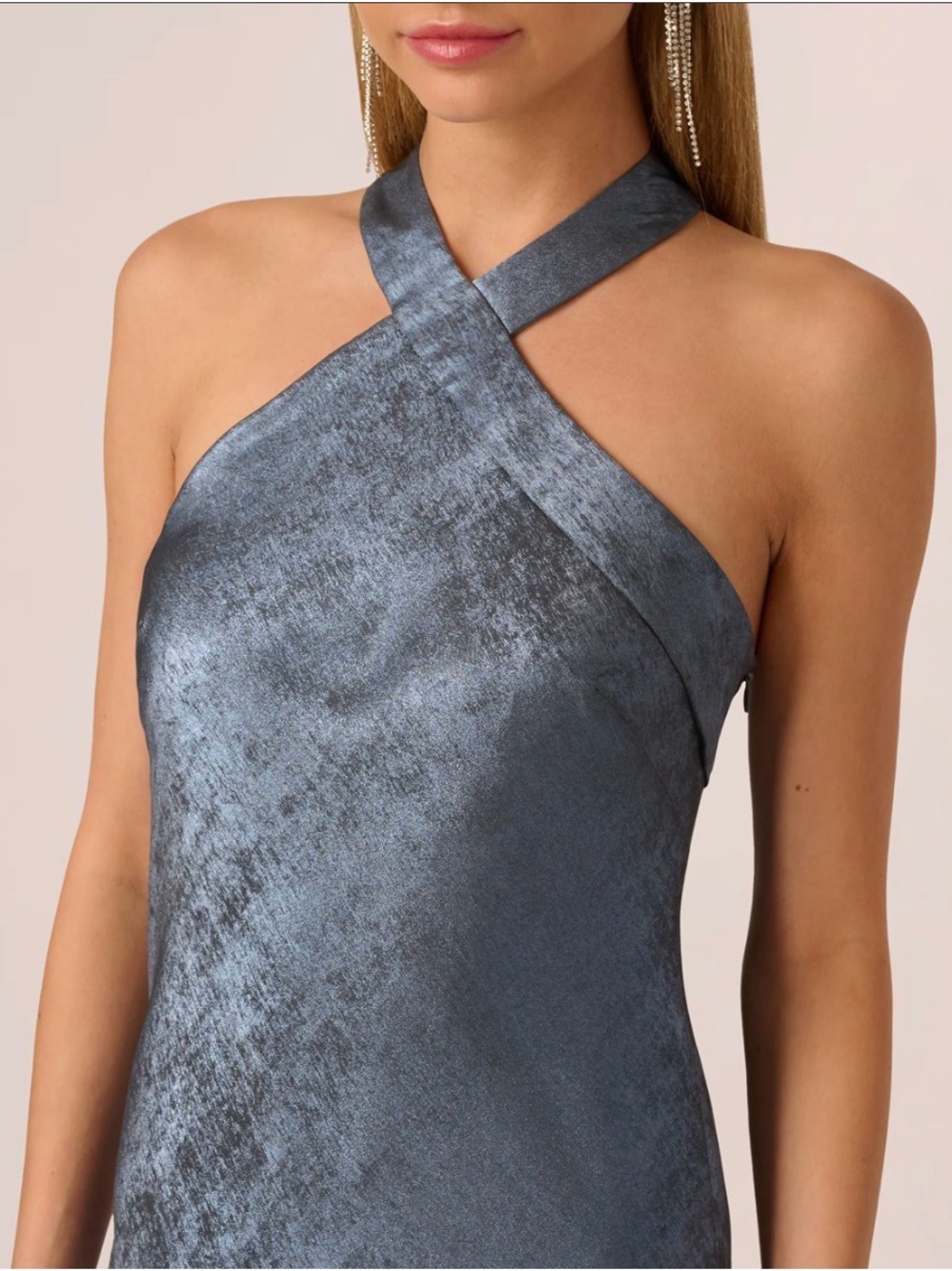 NWT ADRIANNA FOILED SATIN MERMAID GOWN HALTER NECKLINE FRENCH BLUE - Picture 2 of 9